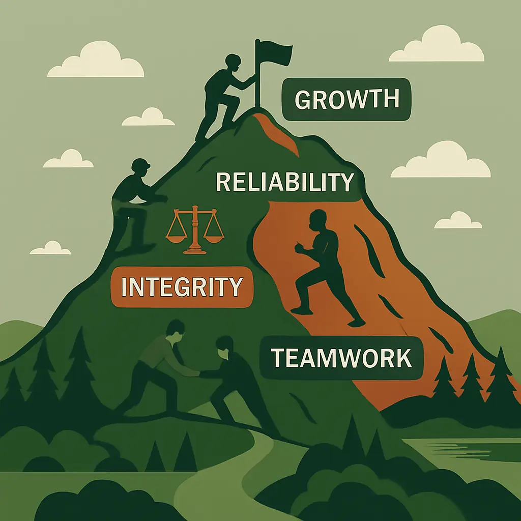 Mountain with values: growth, reliability, integrity, teamwork.