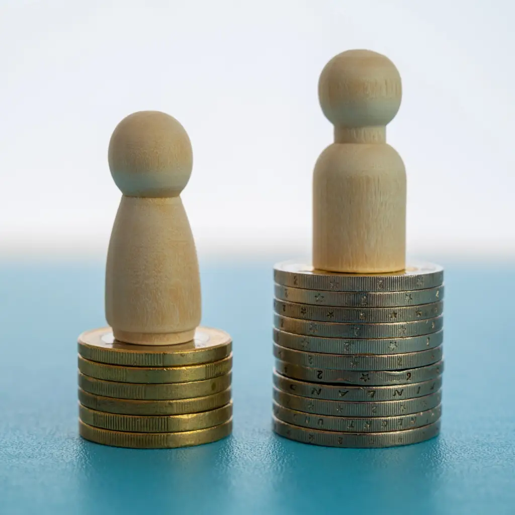 2 Stacked Coins Pawn Figures Wooden figures on uneven stacks of coins