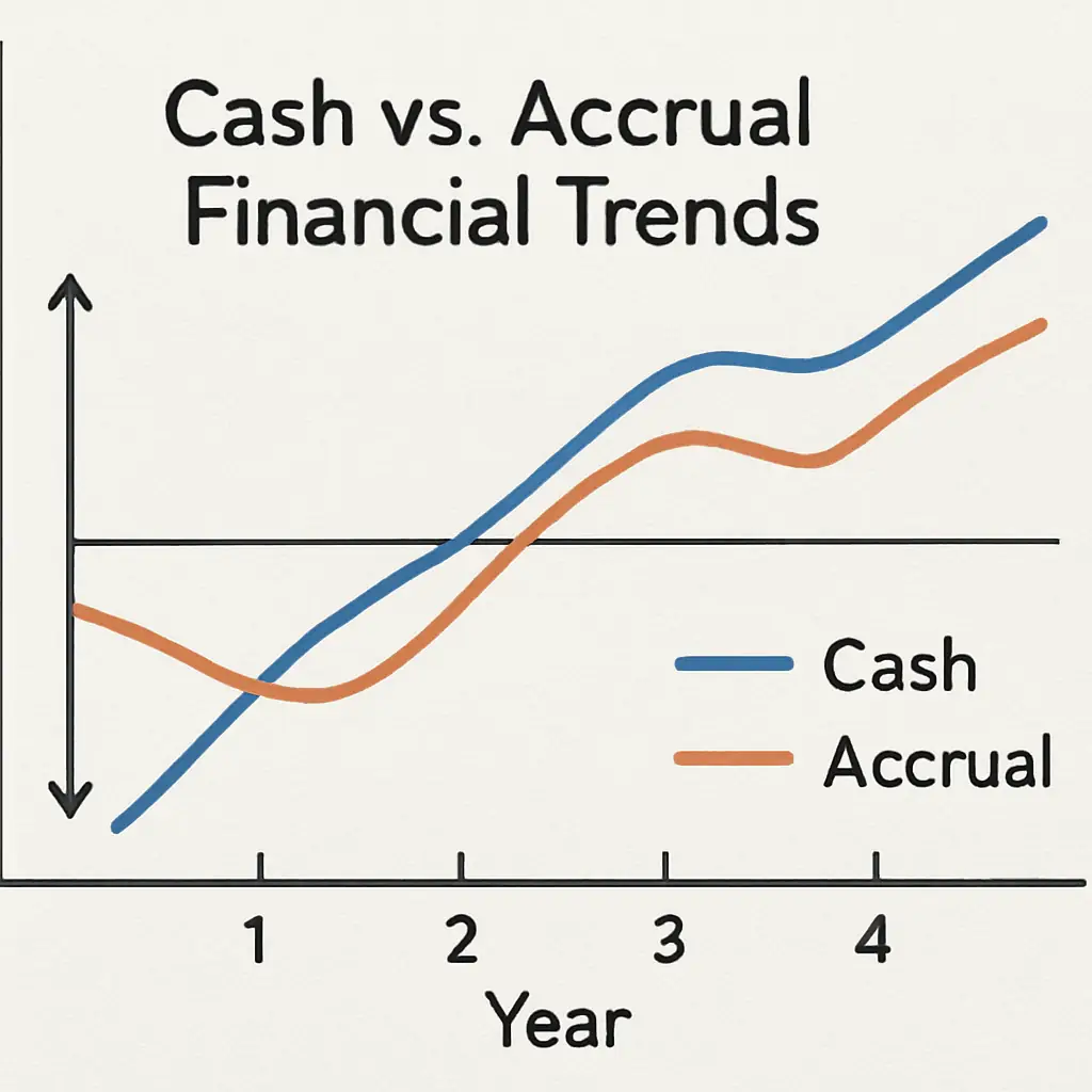 Graph of cash vs accrual financial trends over years.
