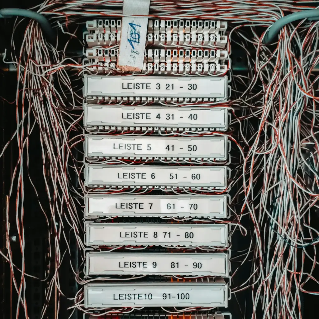 Wiring connections in a telecommunications distribution panel.