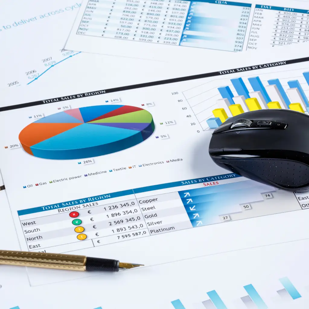 Sales data charts with pie and bar graphs.