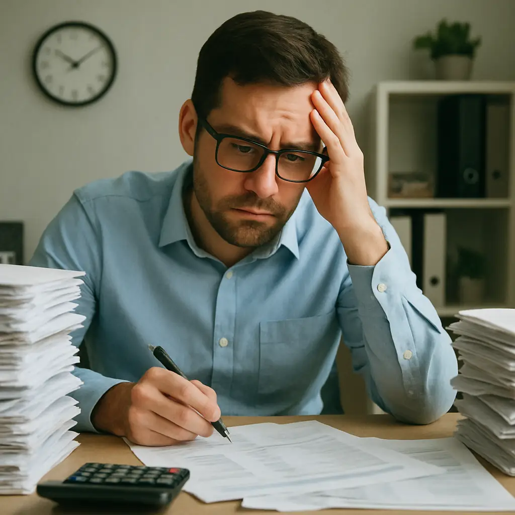 An accountant looking stressed while dealing with paperwork.