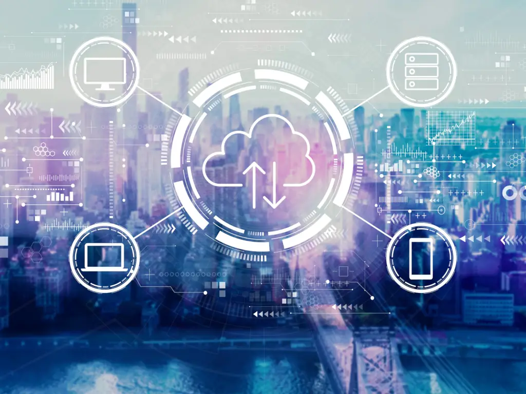 Cloud computing with New York City skyline background