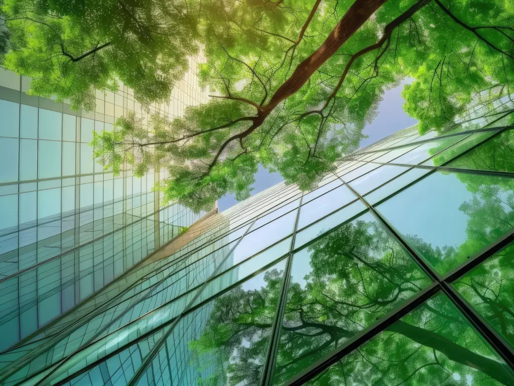 Trees reflected on modern glass building facade.